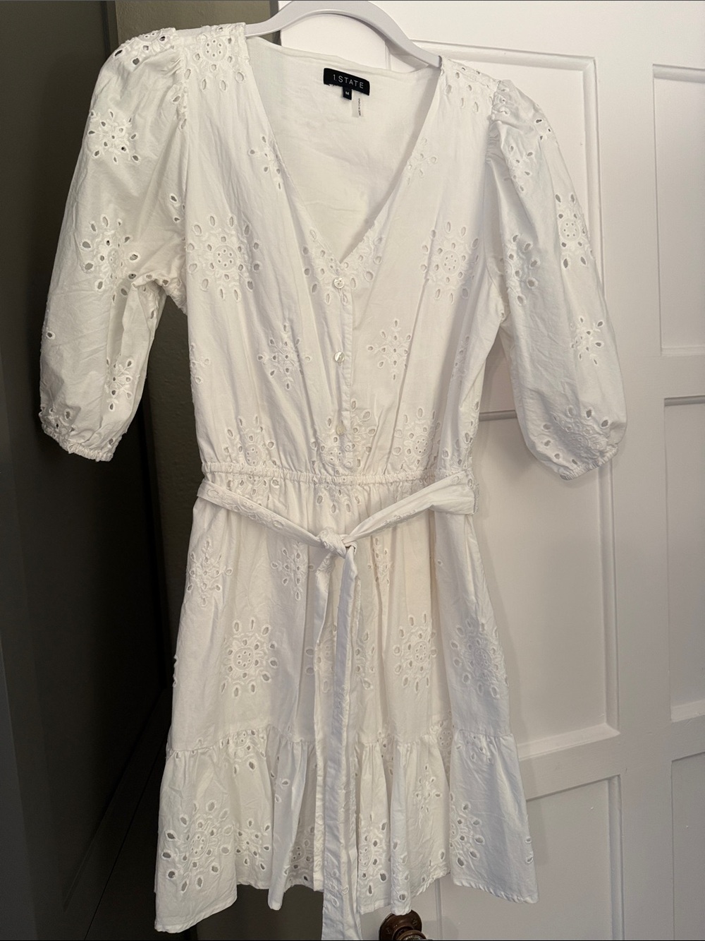 1. State White Eyelet V-Neck Tie-Waist Mini Dress